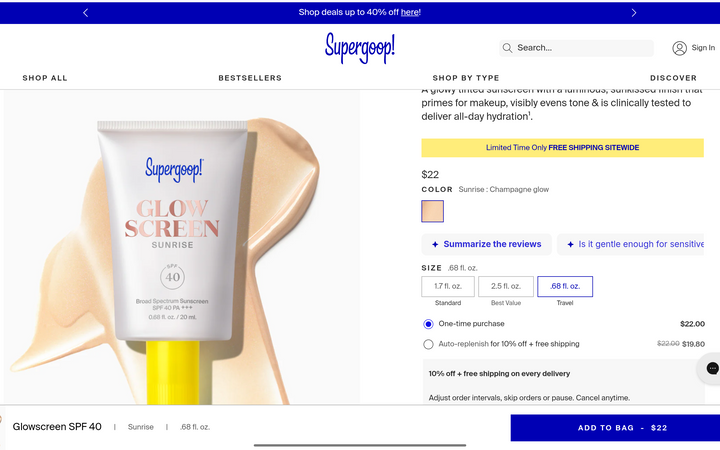 Supergoop! – Glowscreen SPF 40 PA+++ “Sunrise” (Champagne Glow)